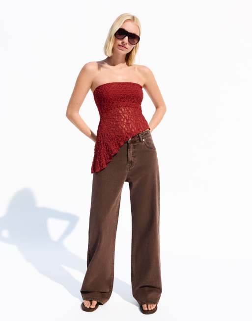 Bershka Lace bandeau top in burgundy
