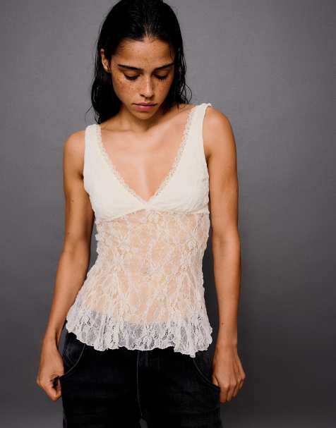 Bershka Lace camisole in ecru - view 1