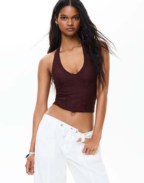 Bershka Lace corset halter top in black - view 1