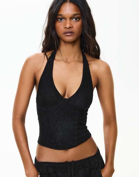 Bershka Lace corset halter top in black - view 1