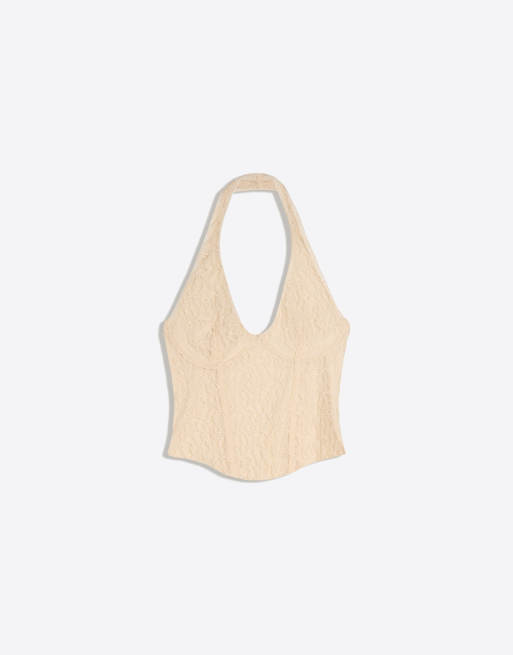 Bershka Lace corset halter top in ecru, 5 of 5