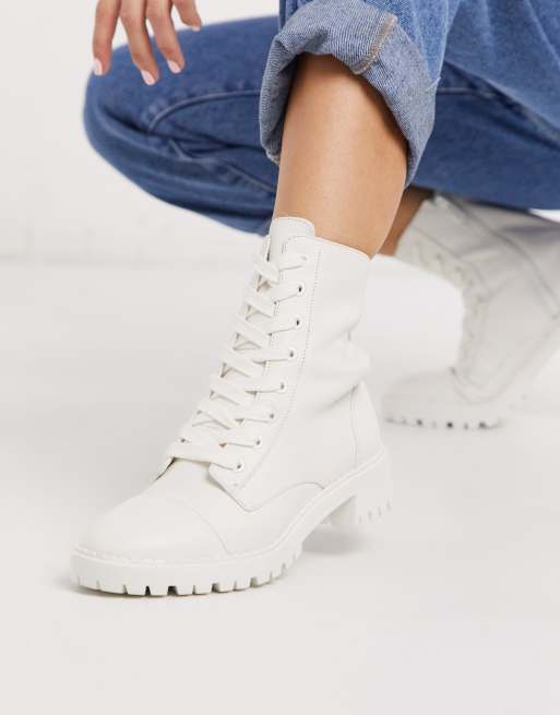 Bershka Lace Front Boot In White Asos