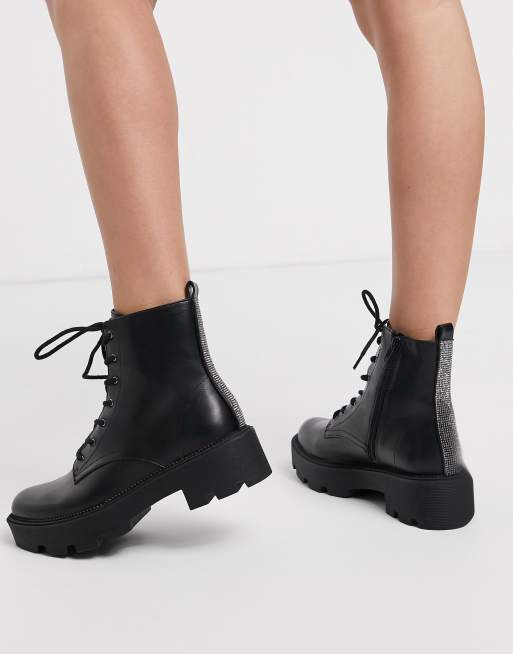 Bershka lace front chunky boots in black | ASOS