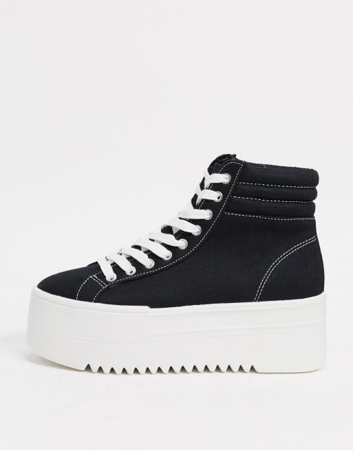 Bershka lace front platform canvas sneaker in black