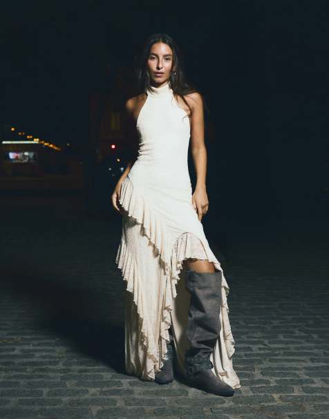 Bershka Lace halter midi dress in ecru - view 1