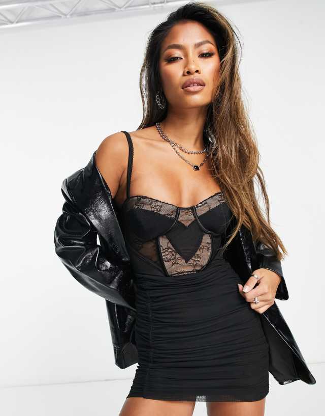 Bershka lace insert corset mini dress in black