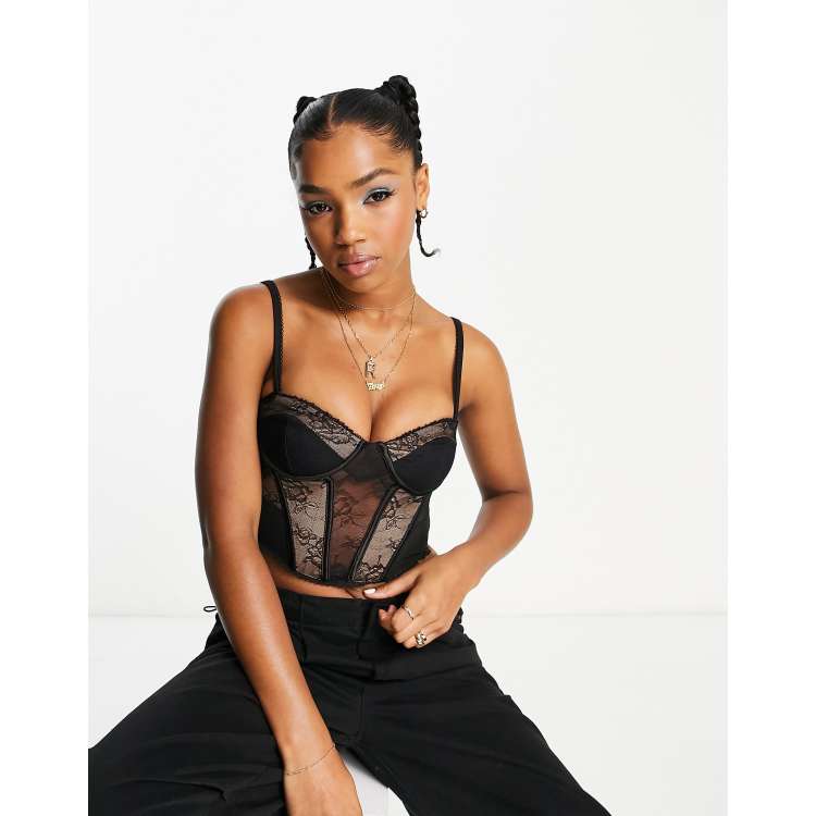 Bershka lace insert corset top in black