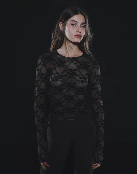 Bershka Lace long sleeve t-shirt in black - view 1