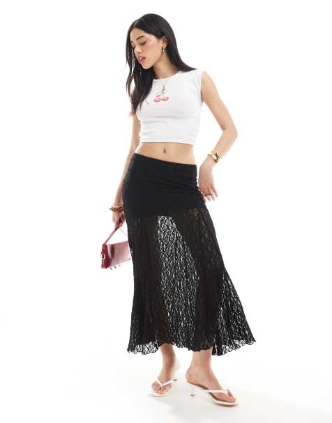 Bershka lace midaxi skirt in black