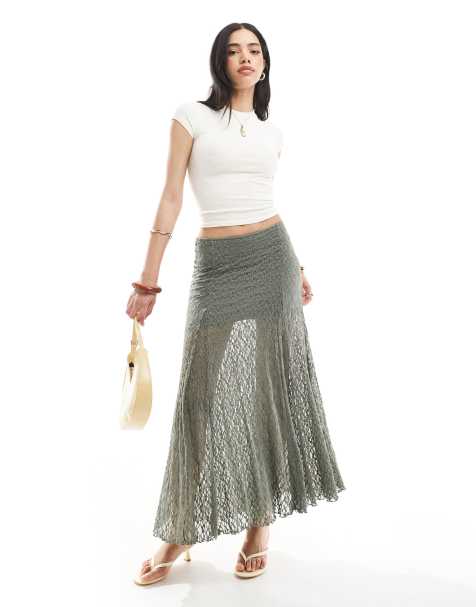Bershka lace midaxi skirt in khaki - view 1