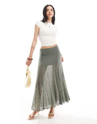 bershka lace midaxi skirt in khaki