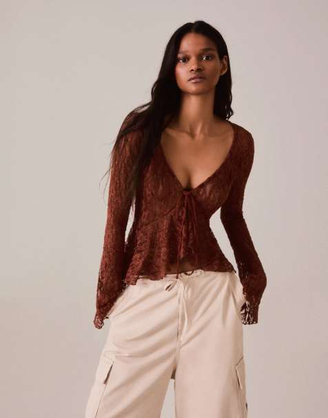 Bershka Lace ruffle jacket in neutral - view 1