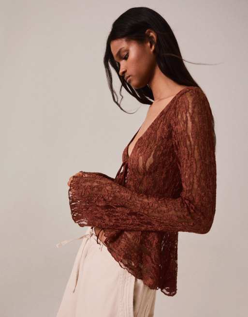 Bershka Lace ruffle jacket in neutral, 2 of 5