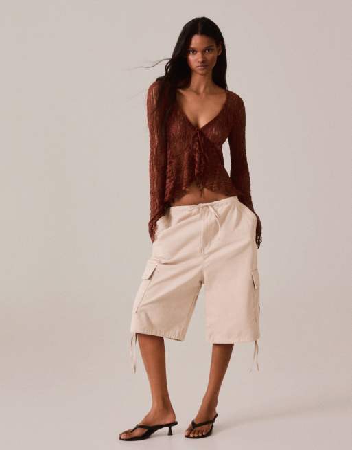 Bershka Lace ruffle jacket in neutral, 4 of 5