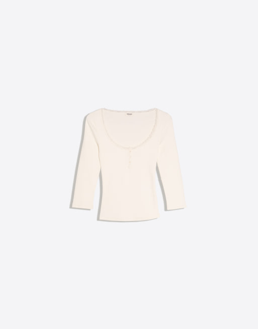 Bershka Lace scoop 3/4 sleeve t-shirt in white, 6 of 6