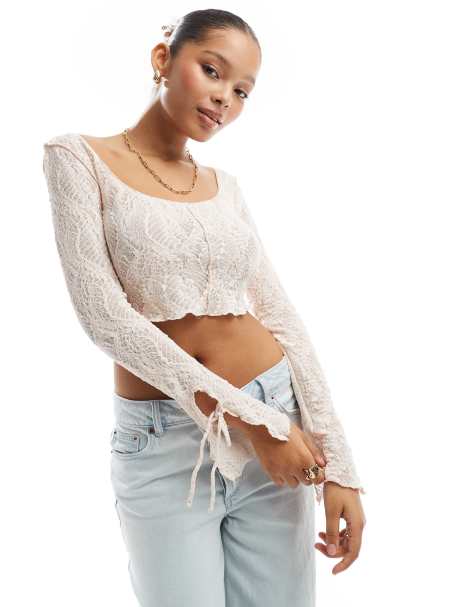 Bershka lace scoop neck top in pale pink - view 1