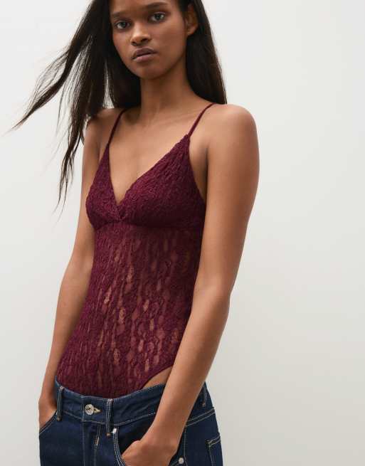 Bershka Lace strappy body in burgundy, 2 of 5