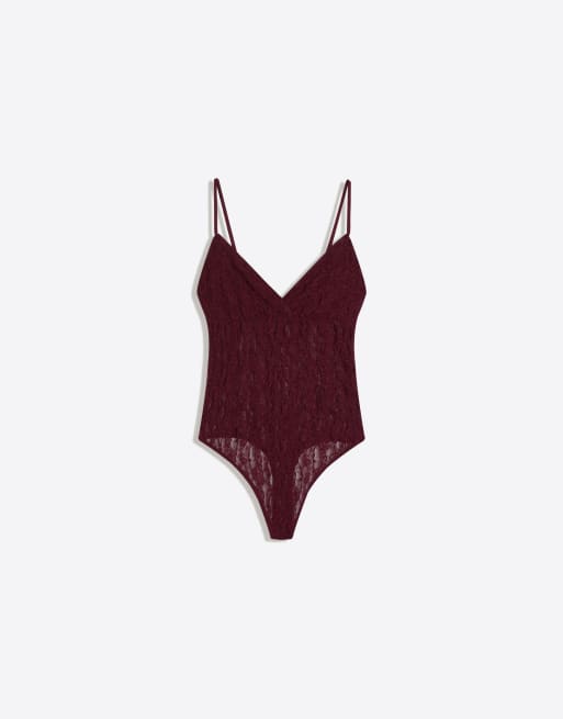 Bershka Lace strappy body in burgundy, 5 of 5