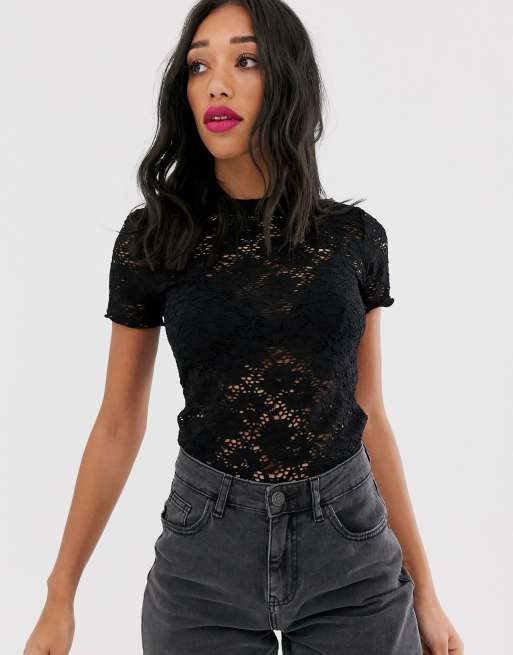 Bershka lace t shirt in black ASOS