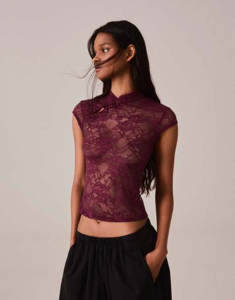 Bershka Lace top with clasp in burgundy - view 1