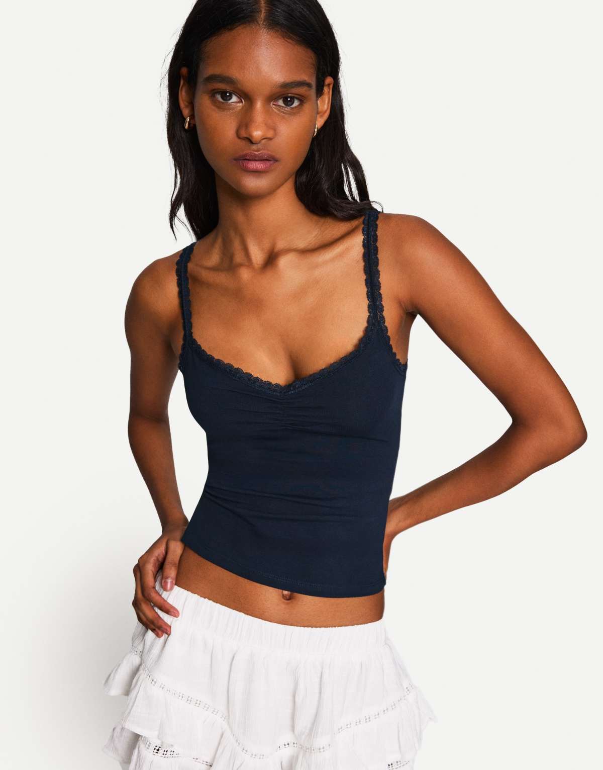 Bershka lace top with straps in navy