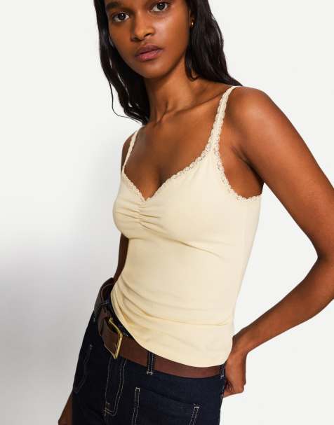 Bershka lace top with straps in yellow - view 1