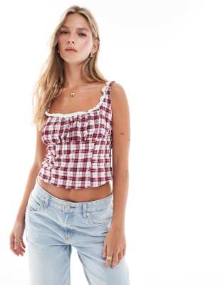 lace trim milkmaid top in burgundy check-Red