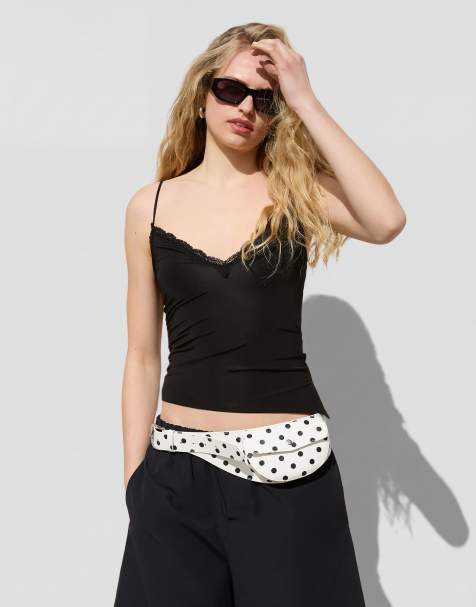 Bershka Lace trim strappy top in black