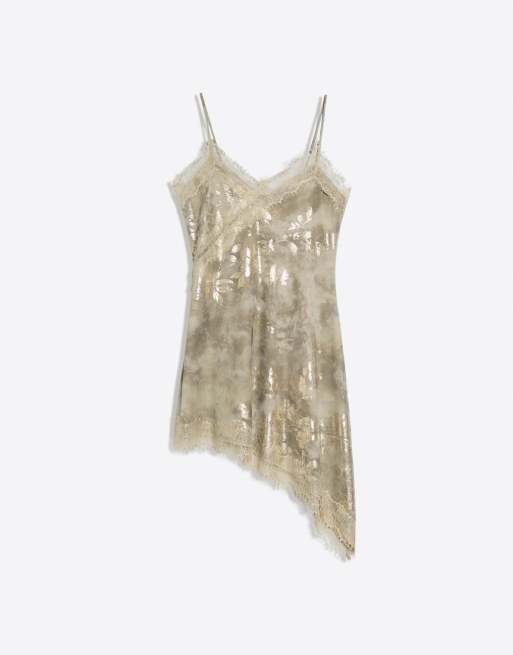 Bershka Lace tulle mini dress in khaki, 3 of 4