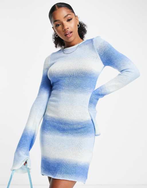 Bershka lace up back oversized jumper dress in blue tie dye stripe