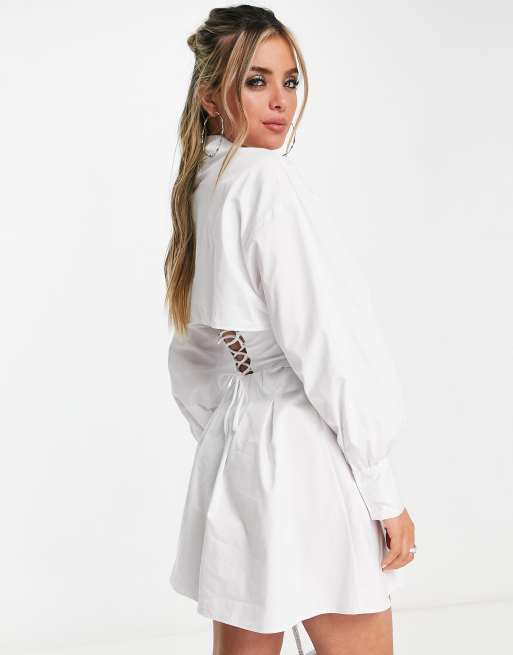 Bershka lace up back shirt dress in white