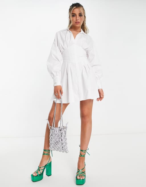 Bershka lace up back shirt dress in white