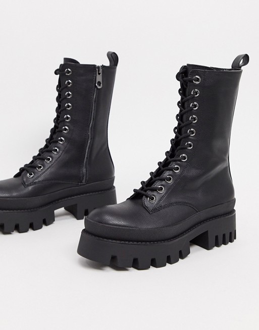Bershka lace up biker boot with sole detail in black