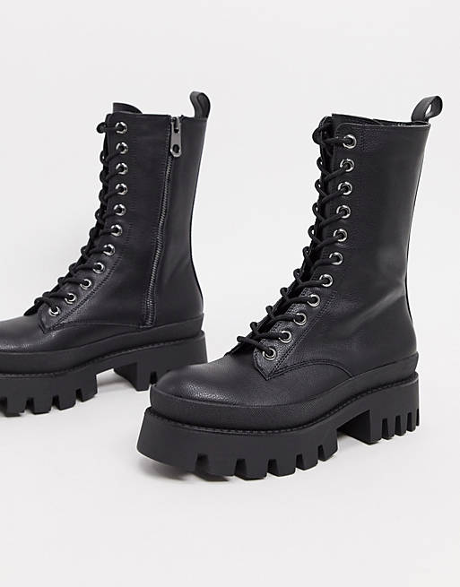 Shoes Boots/Bershka lace up biker boot with sole detail in black 