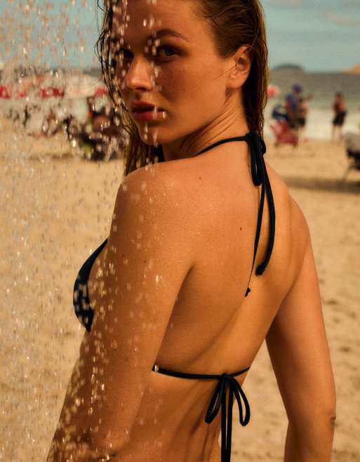 Bershka Lace-up bikini top in black, 4 of 4
