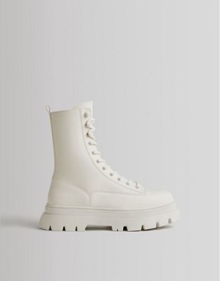 Bershka lace up boot in white