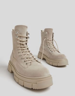 Bershka lace up boots in sand
