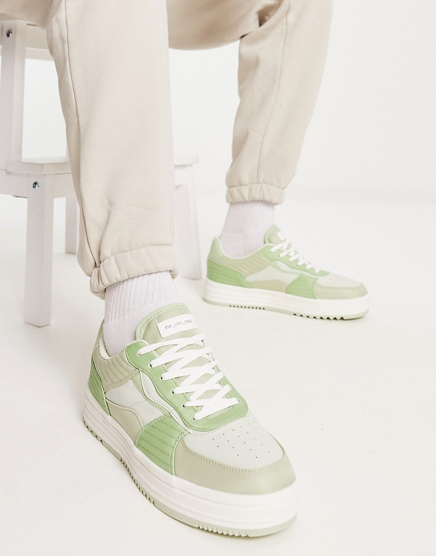 Bershka lace up chunky sneakers in sage-Green