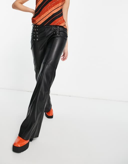 Black Lace Up Faux Leather Cut Out Flared Trousers