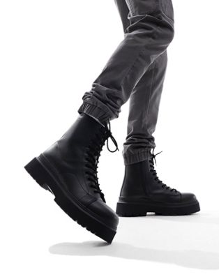 Bershka lace up military boots in black