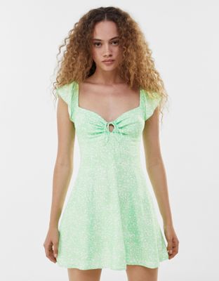 Bershka lace up printed mini dress in green - ASOS Price Checker