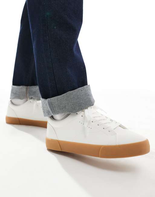 Bershka lace up retro sole trainer in white 