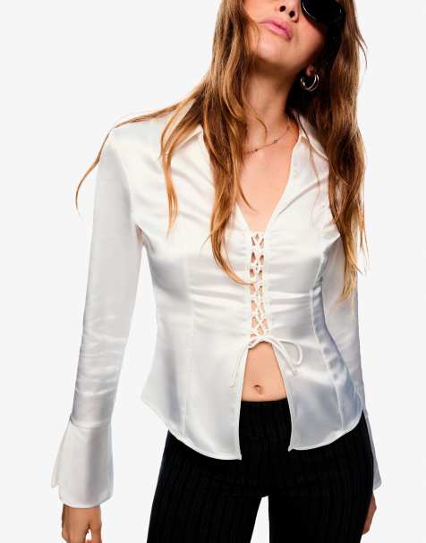 Bershka Lace-up satin shirt in ecru - view 1