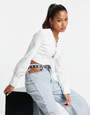 Bershka lace up side corset detail crop top in white