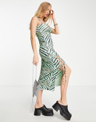 Bershka lace-up side midi dress in green zebra print - ASOS Price Checker