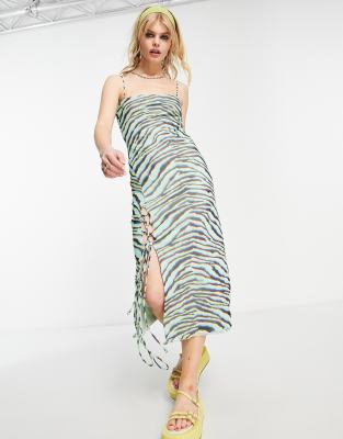 Bershka Lace Up Side Midi Dress In Green Zebra Print