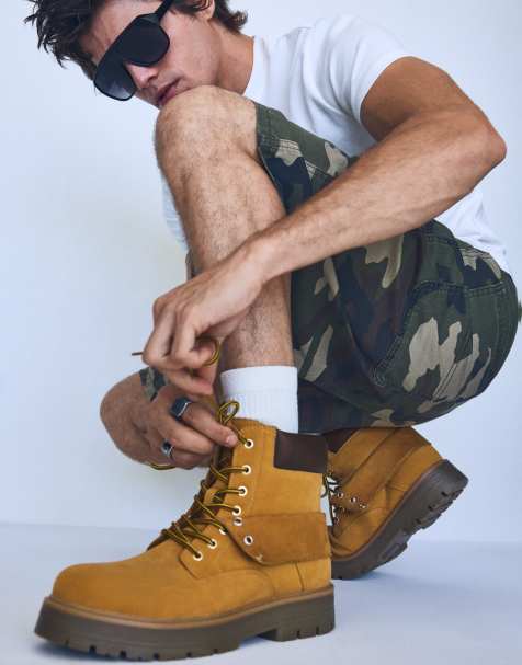 Bershka Lace-up worker ankle boots in tan - view 1