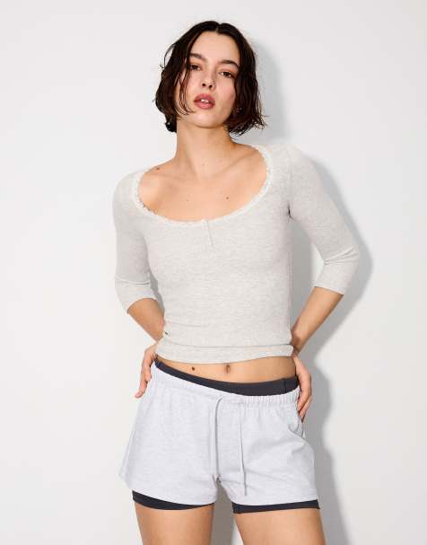 Bershka Lace v-neck long sleeve t-shirt in light grey - view 1