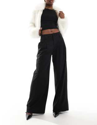 lace waistband wide leg tailored pants in black