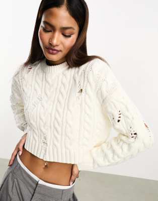 Bershka laddered cable knit jumper in ecru-Neutral